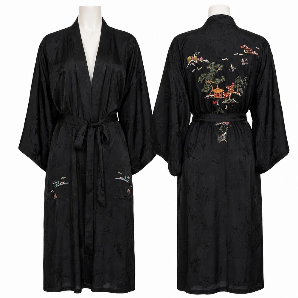 Vintage Double Peach Embroidered Asian Landscape Kimono Robe Black Women’s M